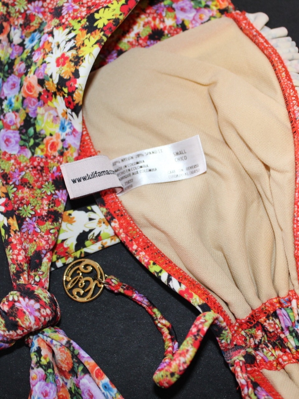 Luli Fama Bright Multicolor Floral Bandeau Bikini Top with Gold Charms - Picture 4 of 7